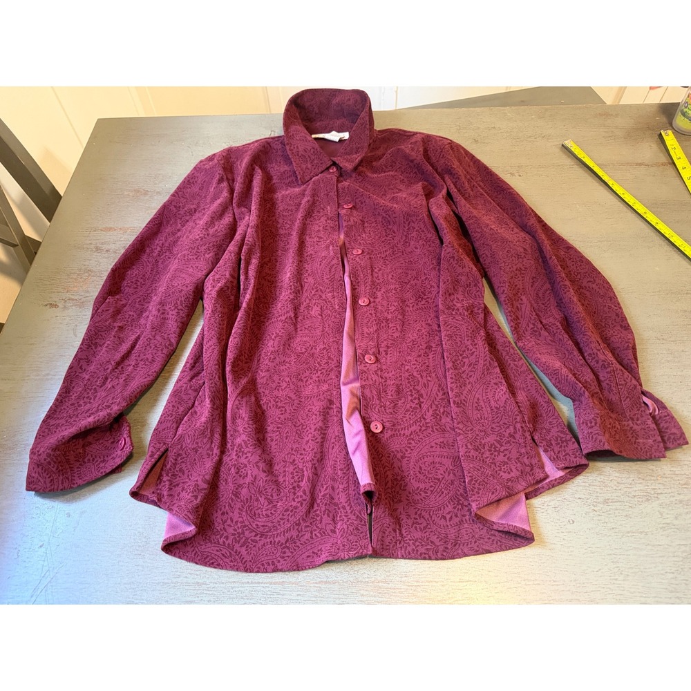 Maggie McNaughton Womens 16W Paisley Damask Button Up Blouse Burgundy Long Slv